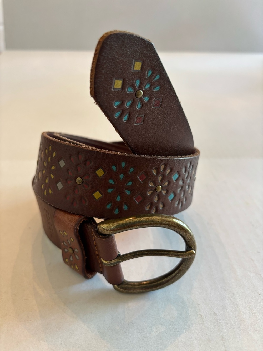 Fossil Vintage Women's Brown Leather Laser Cutout Belt Size L
